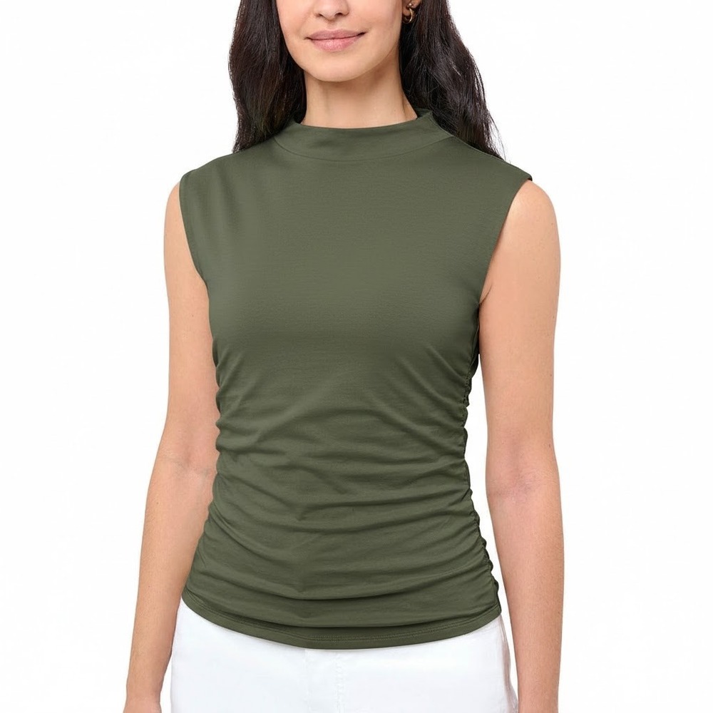 Rebecca Minkoff Olive Green Ruched Mock Neck Sleeveless Top Size L
